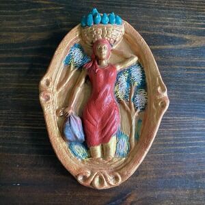 Hand Carved African Woman Mother Carrying Fruit Basket Wall Hanging Art 15" OOAK